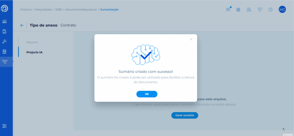 Visualização de sumário gerado pela IA do Projuris Contratos