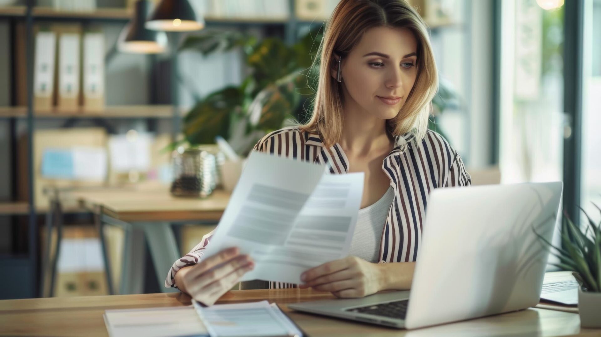 Mulher em ambiente corporativo analisando documentos sobre desoneração da folha de pagamento.