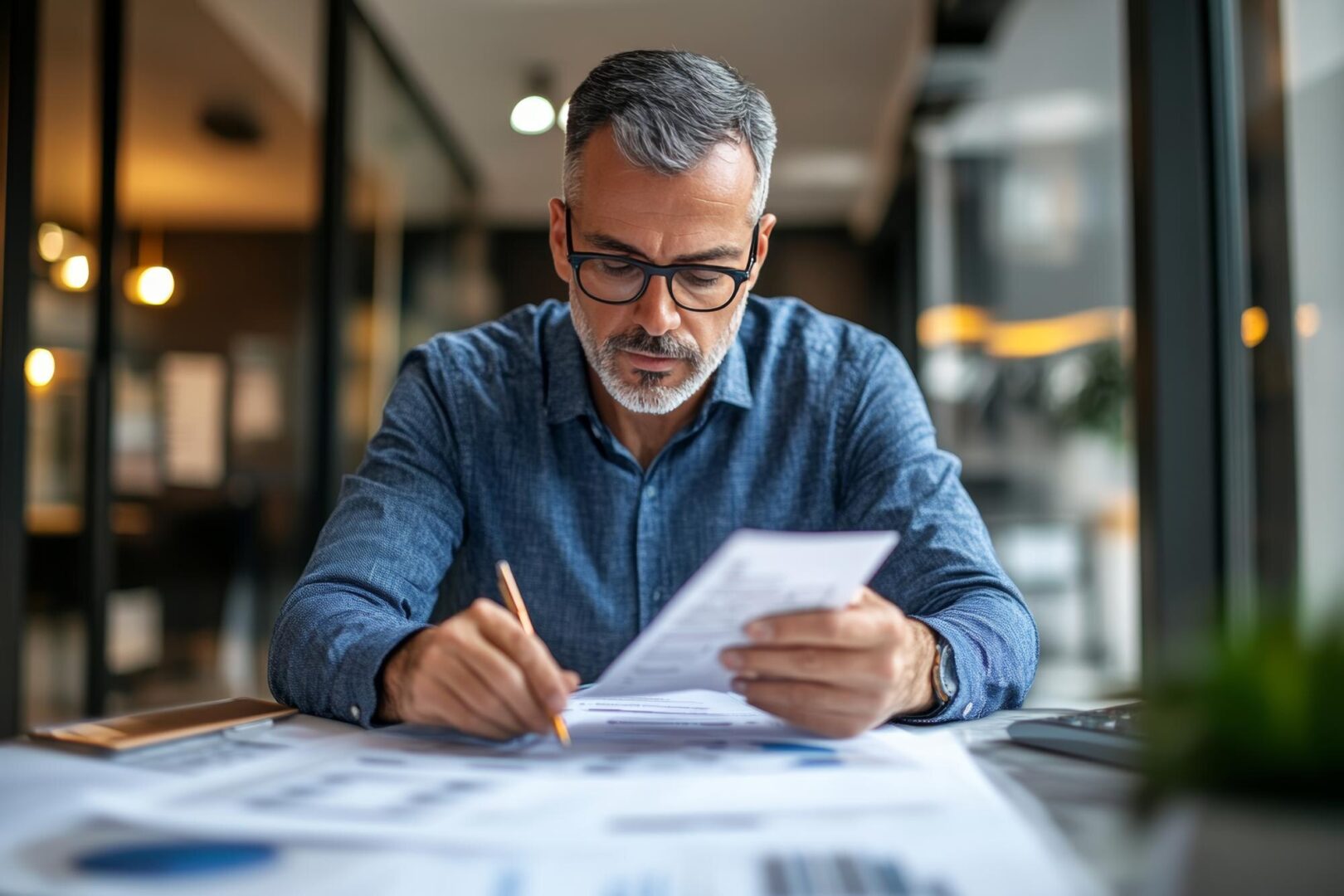 Empresário analisando documentos financeiros para o cadastro no programa Litígio Zero