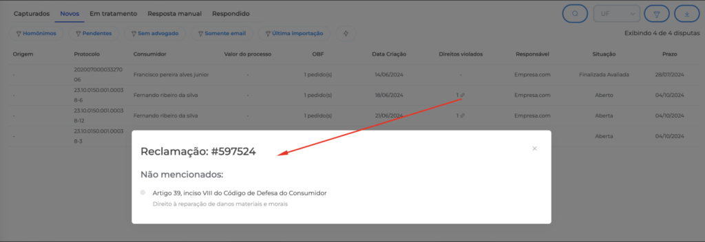 Tela do Projuris Acordos mostra a indicação feita por IA de qual item do código de defesa do consumidor suporta o problema reportado por um cliente da empresa
